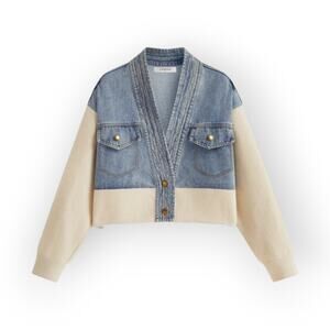 Commense Paneled Denim Knit Cardigan Jacket – V-Neck Cozy Layering
